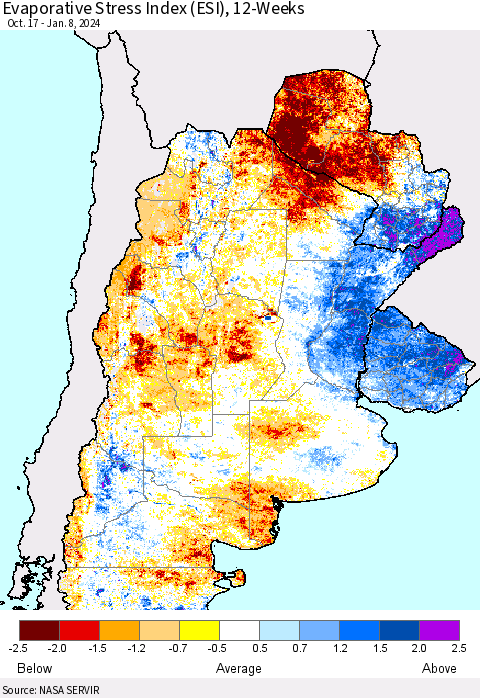 Southern South America Evaporative Stress Index (ESI), 12-Weeks Thematic Map For 1/8/2024 - 1/14/2024