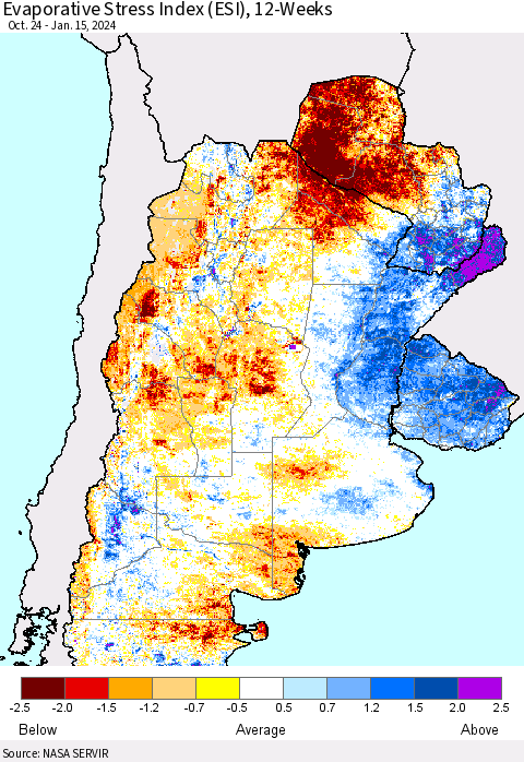 Southern South America Evaporative Stress Index (ESI), 12-Weeks Thematic Map For 1/15/2024 - 1/21/2024
