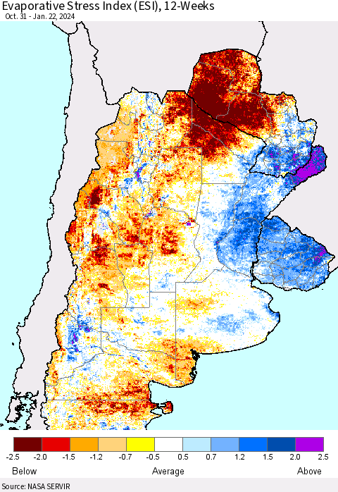 Southern South America Evaporative Stress Index (ESI), 12-Weeks Thematic Map For 1/22/2024 - 1/28/2024