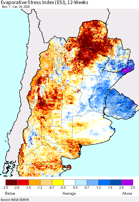 Southern South America Evaporative Stress Index (ESI), 12-Weeks Thematic Map For 1/29/2024 - 2/4/2024