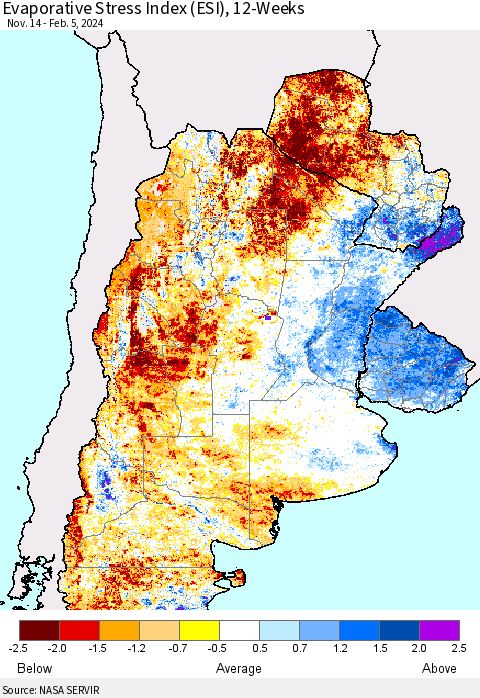 Southern South America Evaporative Stress Index (ESI), 12-Weeks Thematic Map For 2/5/2024 - 2/11/2024