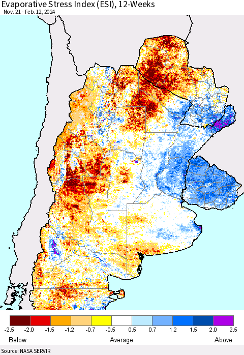 Southern South America Evaporative Stress Index (ESI), 12-Weeks Thematic Map For 2/12/2024 - 2/18/2024