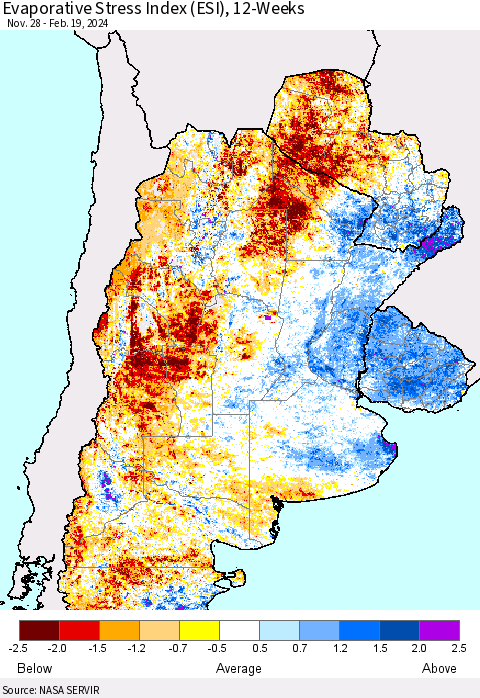 Southern South America Evaporative Stress Index (ESI), 12-Weeks Thematic Map For 2/19/2024 - 2/25/2024