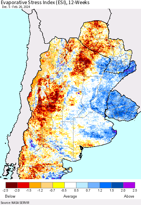 Southern South America Evaporative Stress Index (ESI), 12-Weeks Thematic Map For 2/26/2024 - 3/3/2024