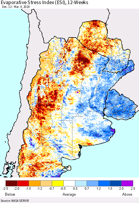 Southern South America Evaporative Stress Index (ESI), 12-Weeks Thematic Map For 3/4/2024 - 3/10/2024