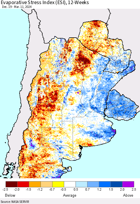 Southern South America Evaporative Stress Index (ESI), 12-Weeks Thematic Map For 3/11/2024 - 3/17/2024