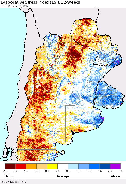 Southern South America Evaporative Stress Index (ESI), 12-Weeks Thematic Map For 3/18/2024 - 3/24/2024