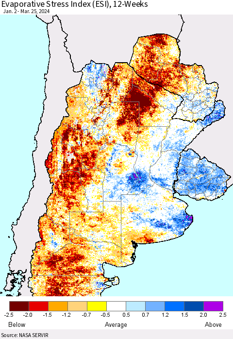 Southern South America Evaporative Stress Index (ESI), 12-Weeks Thematic Map For 3/25/2024 - 3/31/2024