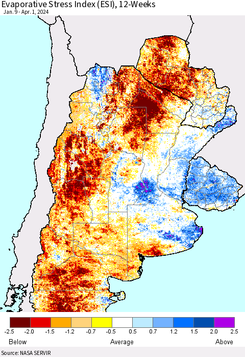 Southern South America Evaporative Stress Index (ESI), 12-Weeks Thematic Map For 4/1/2024 - 4/7/2024