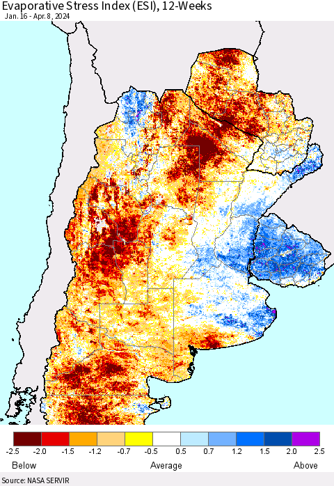 Southern South America Evaporative Stress Index (ESI), 12-Weeks Thematic Map For 4/8/2024 - 4/14/2024
