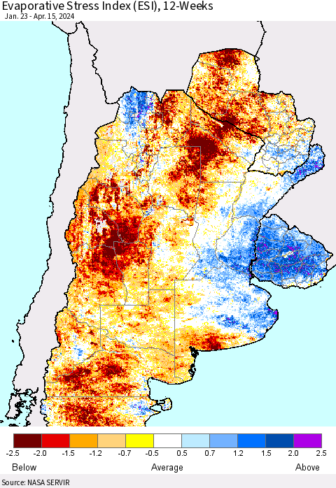 Southern South America Evaporative Stress Index (ESI), 12-Weeks Thematic Map For 4/15/2024 - 4/21/2024