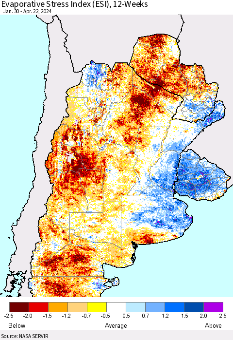 Southern South America Evaporative Stress Index (ESI), 12-Weeks Thematic Map For 4/22/2024 - 4/28/2024