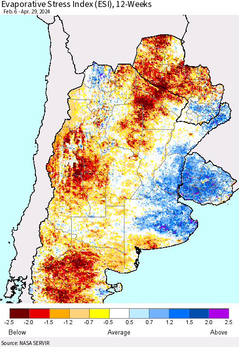 Southern South America Evaporative Stress Index (ESI), 12-Weeks Thematic Map For 4/29/2024 - 5/5/2024