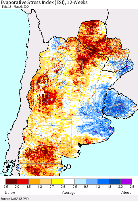 Southern South America Evaporative Stress Index (ESI), 12-Weeks Thematic Map For 5/6/2024 - 5/12/2024