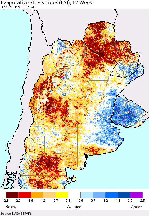 Southern South America Evaporative Stress Index (ESI), 12-Weeks Thematic Map For 5/13/2024 - 5/19/2024