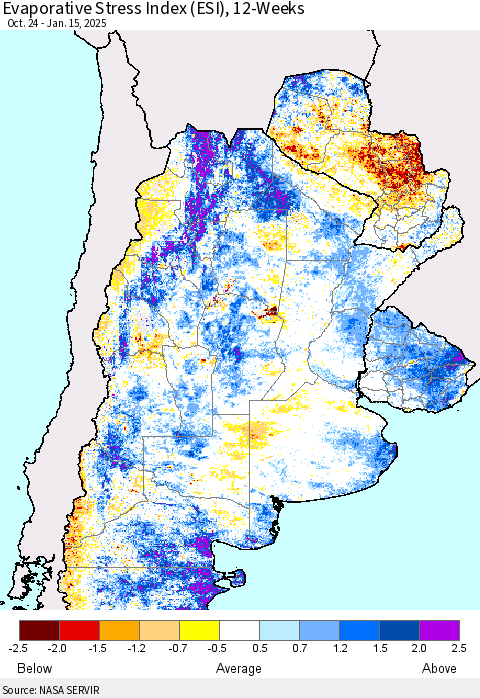 Southern South America Evaporative Stress Index (ESI), 12-Weeks Thematic Map For 1/13/2025 - 1/19/2025