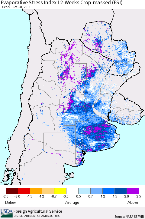 Southern South America Evaporative Stress Index (ESI), 12-Weeks over Croplands Thematic Map For 12/31/2018 - 1/6/2019