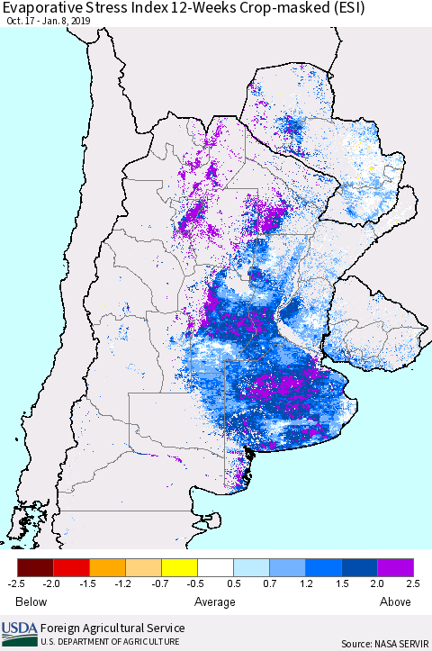 Southern South America Evaporative Stress Index (ESI), 12-Weeks over Croplands Thematic Map For 1/7/2019 - 1/13/2019
