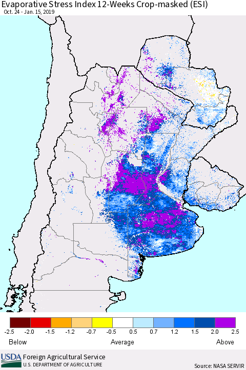 Southern South America Evaporative Stress Index (ESI), 12-Weeks over Croplands Thematic Map For 1/14/2019 - 1/20/2019