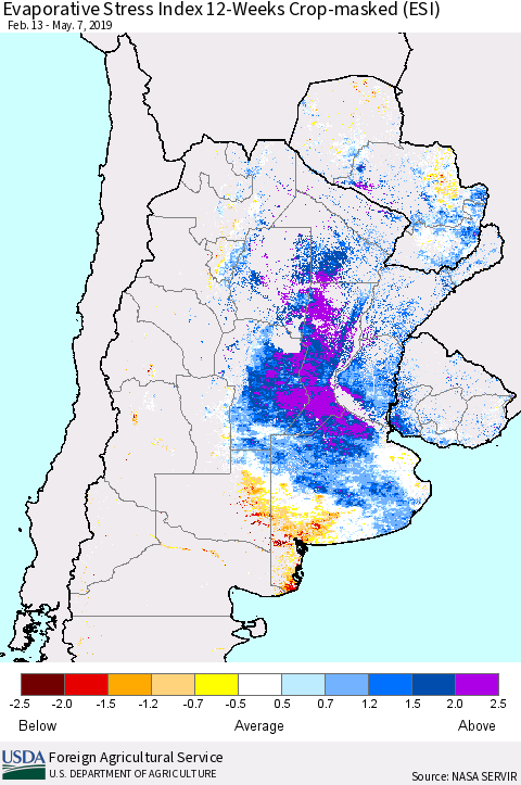 Southern South America Evaporative Stress Index (ESI), 12-Weeks over Croplands Thematic Map For 5/6/2019 - 5/12/2019