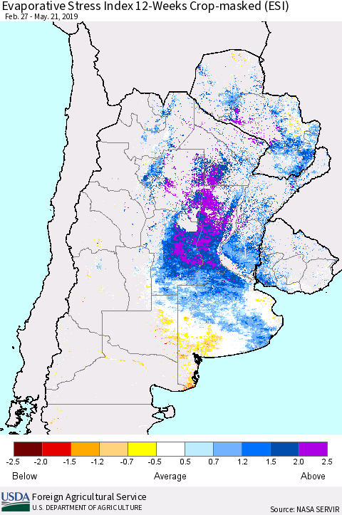 Southern South America Evaporative Stress Index (ESI), 12-Weeks over Croplands Thematic Map For 5/20/2019 - 5/26/2019