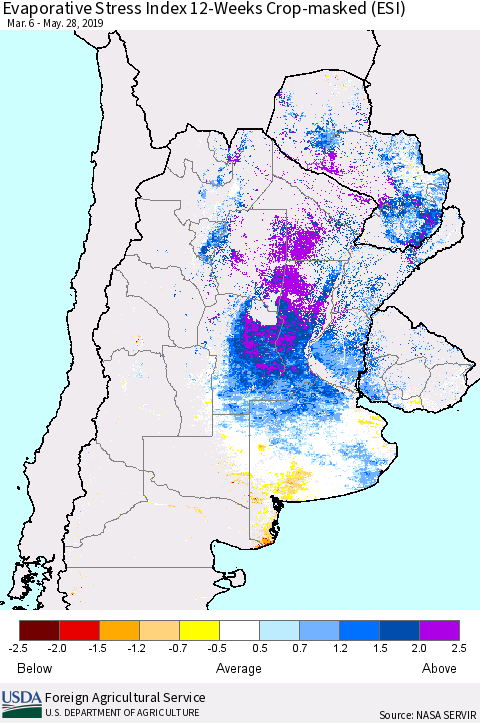 Southern South America Evaporative Stress Index (ESI), 12-Weeks over Croplands Thematic Map For 5/27/2019 - 6/2/2019