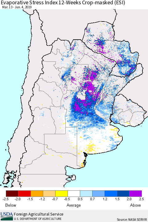 Southern South America Evaporative Stress Index (ESI), 12-Weeks over Croplands Thematic Map For 6/3/2019 - 6/9/2019