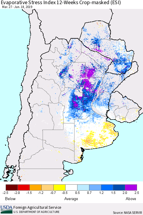 Southern South America Evaporative Stress Index (ESI), 12-Weeks over Croplands Thematic Map For 6/17/2019 - 6/23/2019