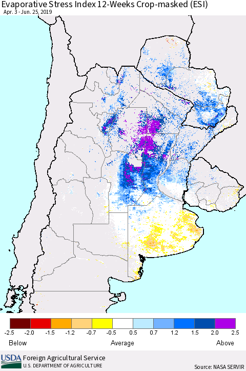 Southern South America Evaporative Stress Index (ESI), 12-Weeks over Croplands Thematic Map For 6/24/2019 - 6/30/2019