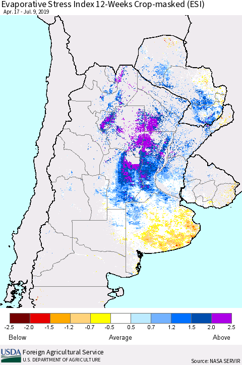 Southern South America Evaporative Stress Index (ESI), 12-Weeks over Croplands Thematic Map For 7/8/2019 - 7/14/2019