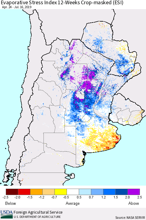 Southern South America Evaporative Stress Index (ESI), 12-Weeks over Croplands Thematic Map For 7/15/2019 - 7/21/2019