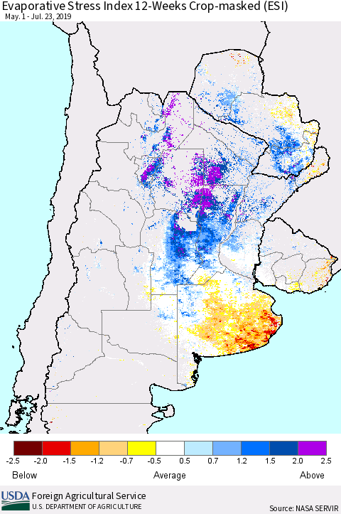 Southern South America Evaporative Stress Index (ESI), 12-Weeks over Croplands Thematic Map For 7/22/2019 - 7/28/2019
