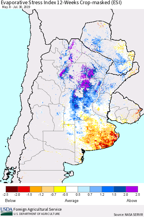 Southern South America Evaporative Stress Index (ESI), 12-Weeks over Croplands Thematic Map For 7/29/2019 - 8/4/2019