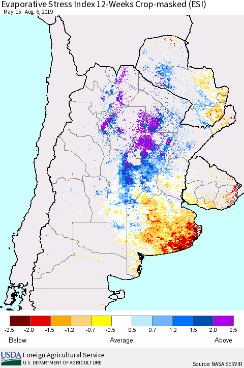 Southern South America Evaporative Stress Index (ESI), 12-Weeks over Croplands Thematic Map For 8/5/2019 - 8/11/2019