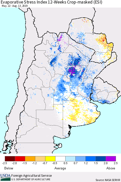Southern South America Evaporative Stress Index (ESI), 12-Weeks over Croplands Thematic Map For 8/12/2019 - 8/18/2019