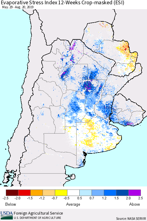 Southern South America Evaporative Stress Index (ESI), 12-Weeks over Croplands Thematic Map For 8/19/2019 - 8/25/2019