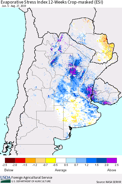Southern South America Evaporative Stress Index (ESI), 12-Weeks over Croplands Thematic Map For 8/26/2019 - 9/1/2019