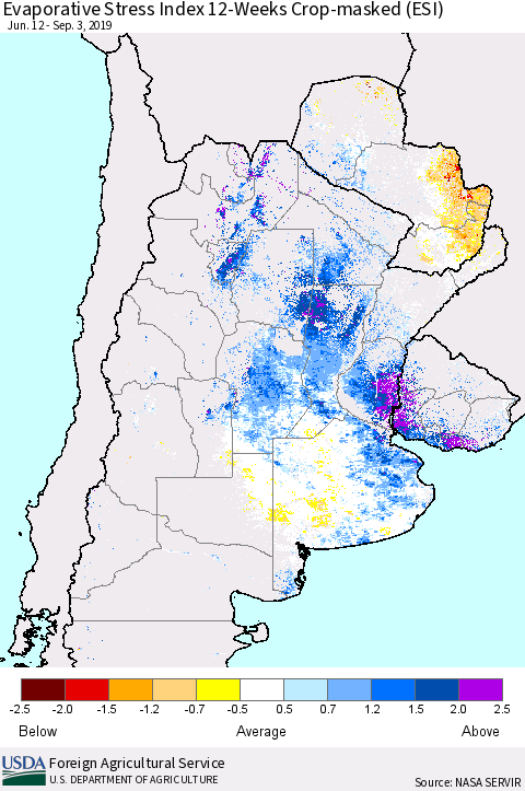 Southern South America Evaporative Stress Index (ESI), 12-Weeks over Croplands Thematic Map For 9/2/2019 - 9/8/2019