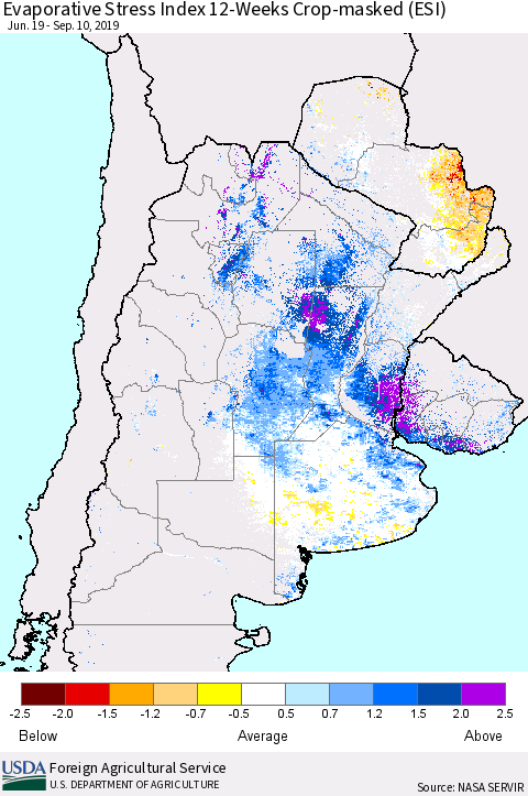 Southern South America Evaporative Stress Index (ESI), 12-Weeks over Croplands Thematic Map For 9/9/2019 - 9/15/2019