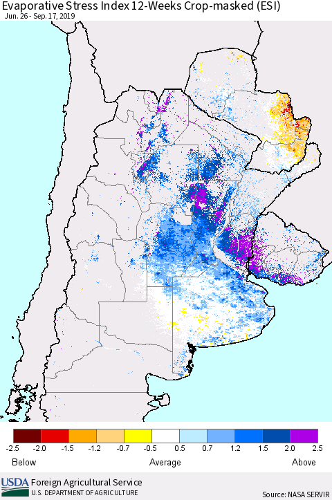 Southern South America Evaporative Stress Index (ESI), 12-Weeks over Croplands Thematic Map For 9/16/2019 - 9/22/2019