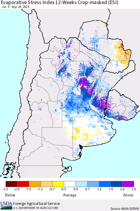 Southern South America Evaporative Stress Index (ESI), 12-Weeks over Croplands Thematic Map For 9/23/2019 - 9/29/2019