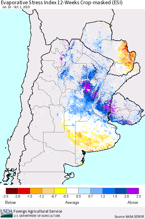 Southern South America Evaporative Stress Index (ESI), 12-Weeks over Croplands Thematic Map For 9/30/2019 - 10/6/2019