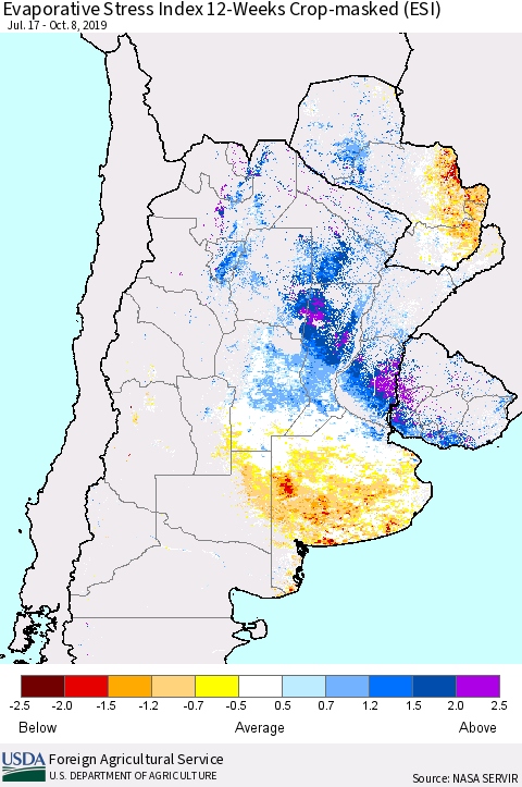 Southern South America Evaporative Stress Index (ESI), 12-Weeks over Croplands Thematic Map For 10/7/2019 - 10/13/2019