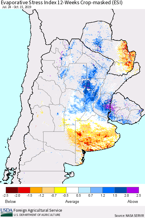 Southern South America Evaporative Stress Index (ESI), 12-Weeks over Croplands Thematic Map For 10/14/2019 - 10/20/2019