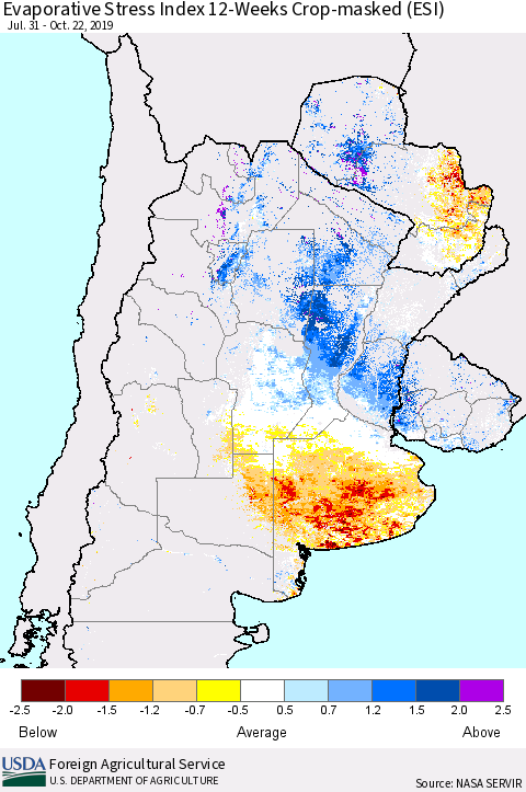 Southern South America Evaporative Stress Index (ESI), 12-Weeks over Croplands Thematic Map For 10/21/2019 - 10/27/2019