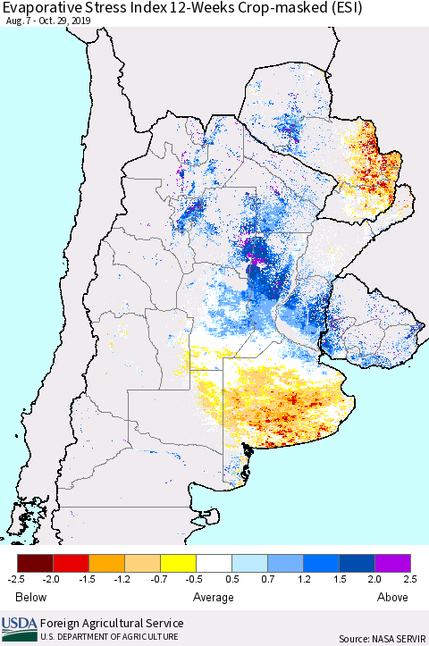 Southern South America Evaporative Stress Index (ESI), 12-Weeks over Croplands Thematic Map For 10/28/2019 - 11/3/2019