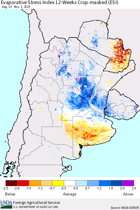 Southern South America Evaporative Stress Index (ESI), 12-Weeks over Croplands Thematic Map For 11/4/2019 - 11/10/2019