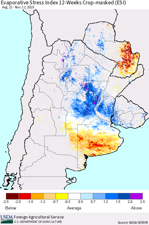 Southern South America Evaporative Stress Index (ESI), 12-Weeks over Croplands Thematic Map For 11/11/2019 - 11/17/2019
