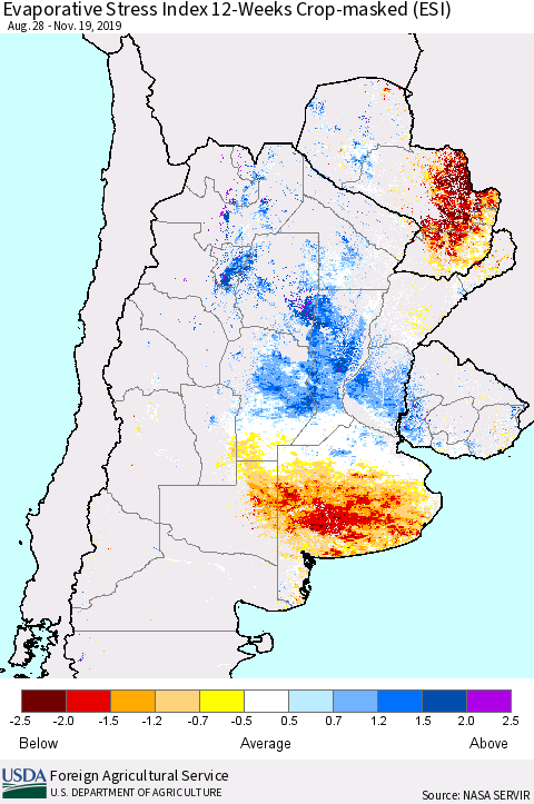 Southern South America Evaporative Stress Index (ESI), 12-Weeks over Croplands Thematic Map For 11/18/2019 - 11/24/2019