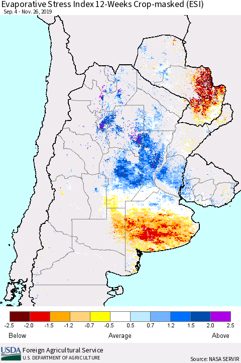 Southern South America Evaporative Stress Index (ESI), 12-Weeks over Croplands Thematic Map For 11/25/2019 - 12/1/2019